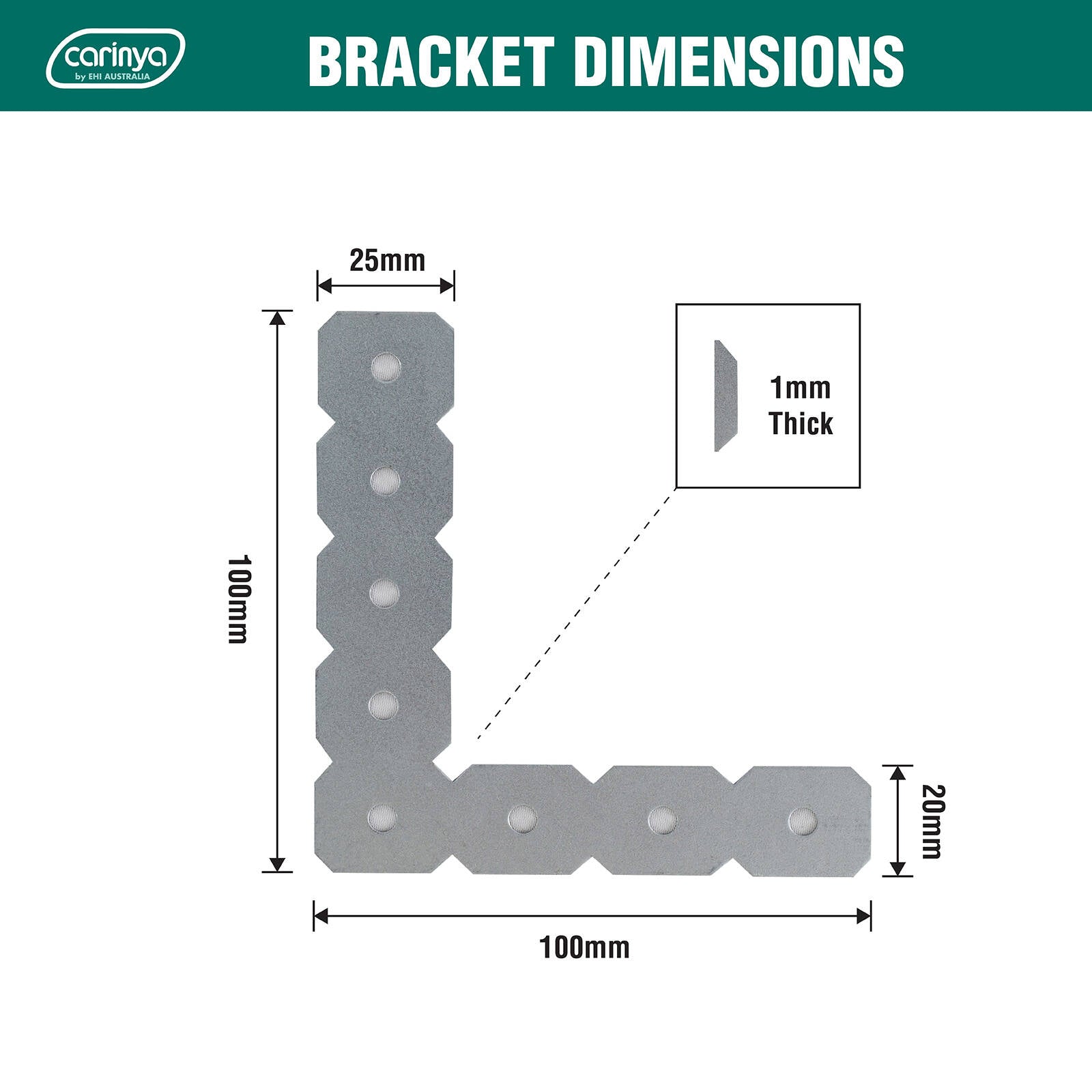Carinya 100 x 100 x 25 x 1mm Galvanised Steel L-Shape Make-A-Bracket