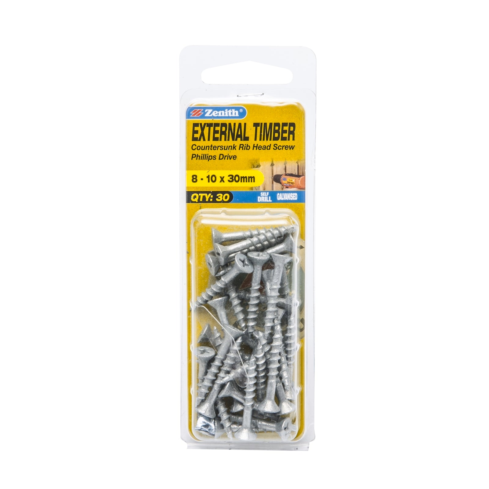 Zenith 8-10 x 30mm Galvanised Countersunk Rib Head External Timber Screws - 30 Pack
