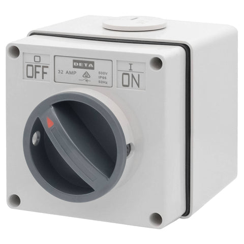 Deta IP66 Weatherproof 2 Pole 32A Isolator Switch, Grey