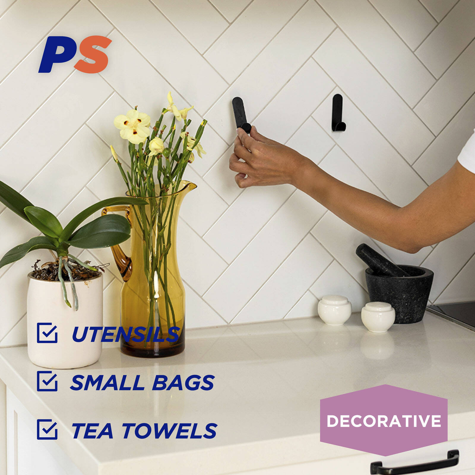 Permastik Medium Matte Black Stainless Steel Adhesive Hooks 3 Pack