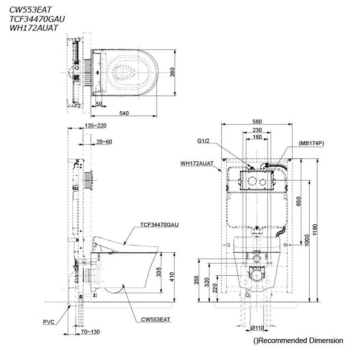 Toto RG Lite Wall Hung Smart Toilet Suite - S5 Washlet, Concealed Cistern with Frame - RGLITE-WH-S5