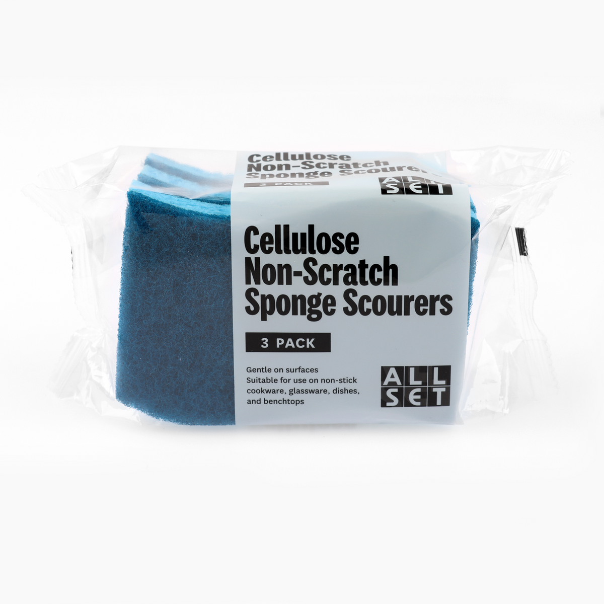 All Set Blue Non-Scratch Cellulose Sponge Scourers 3 Pack S-Curve Grip
