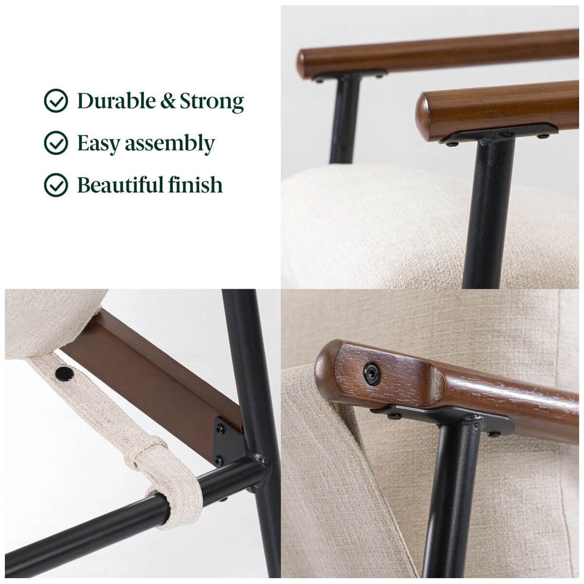 Zinus Wood and Metal Frame Armchair - Black, Ergonomic Sling Seat, Foam Cushion - AU-USHSL4ZC-31B