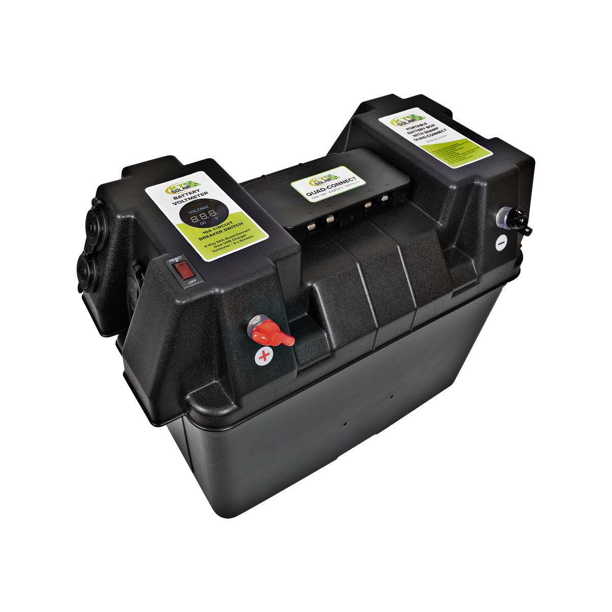 KT Solar Portable Battery Box with 50A Quad-Connect & 12V Sockets, LED Voltmeter