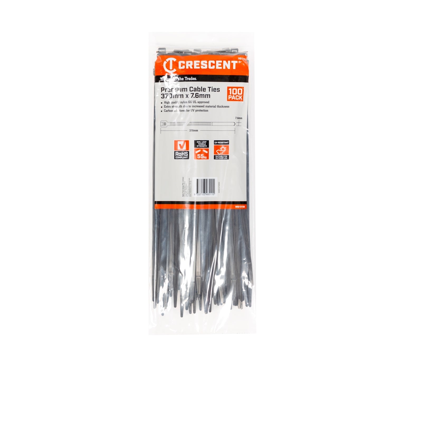 Crescent 370mm x 7.6mm Black Heavy Duty UV Resistant Cable Ties - 100 Pack