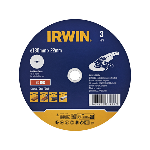 Irwin 180 x 22mm 60 Grit Fibre Disc 3 Pack for Wood & Metal
