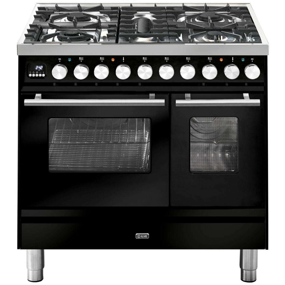 ILVE 90cm Dual Fuel Freestanding Double Oven - Five Burners, 108L, Gloss Black - PD09PDWE3BK