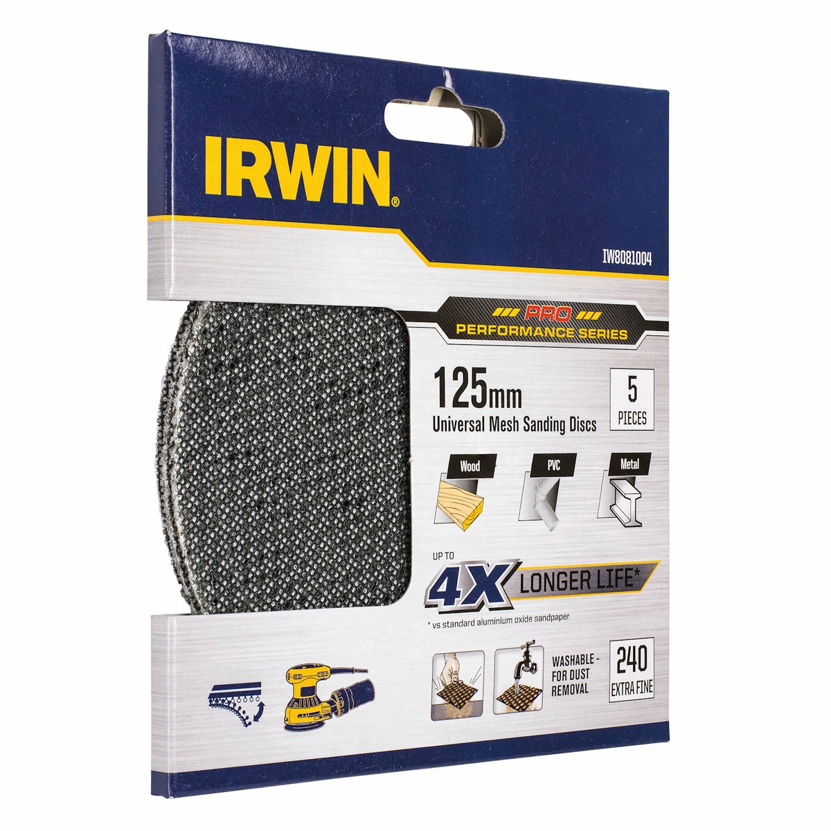 Irwin 125mm 240 Grit Orbital Sanding Disc Mesh Velcro 5 Pack