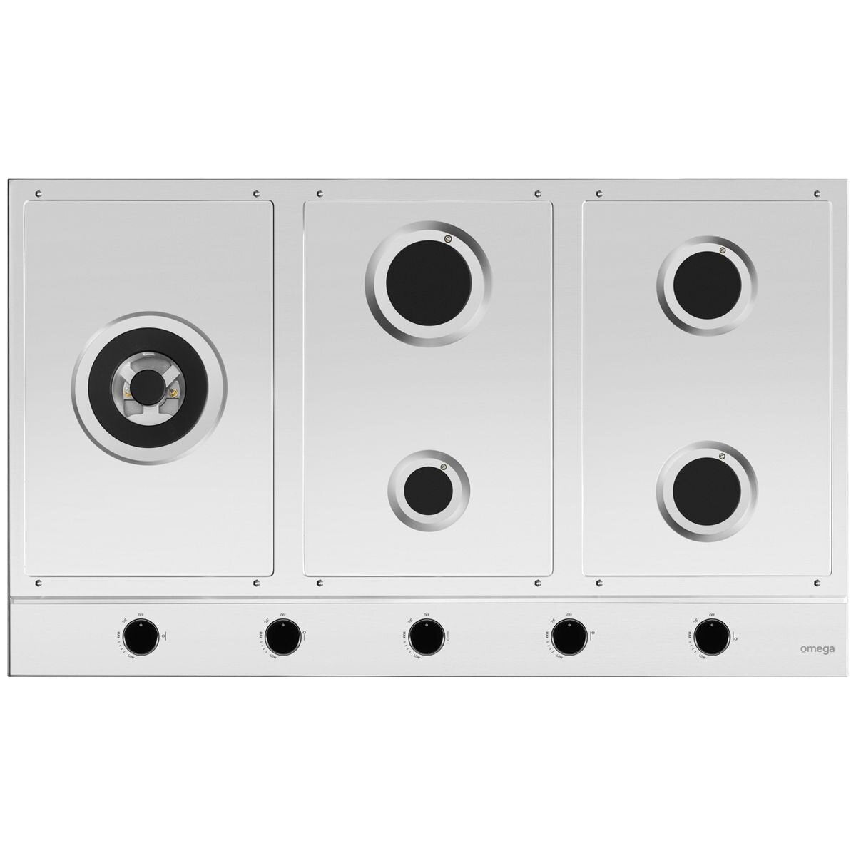 Omega 90cm Natural Gas Cooktop - Stainless Steel, Five Burners, Triple Ring Wok Burner - OCG905WX