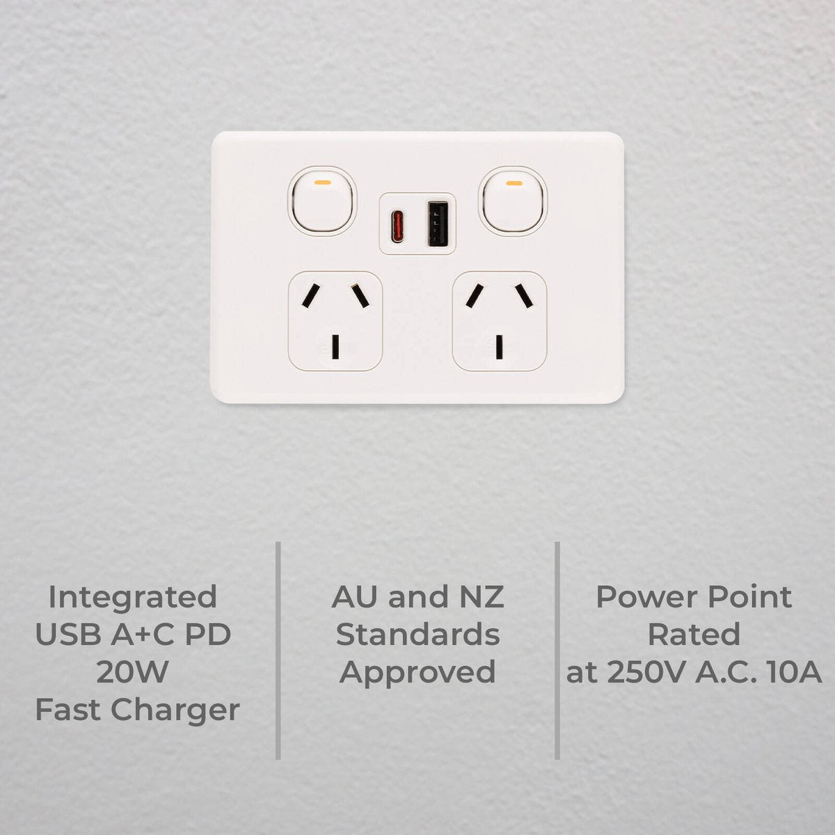 Deta S Line Double Power Point with USB A+C PD20W Fast Charging - 2 Outlets - 45mm x 74mm x 115mm - Ultra-Low Profile Design - SuperSaverAU - view 2