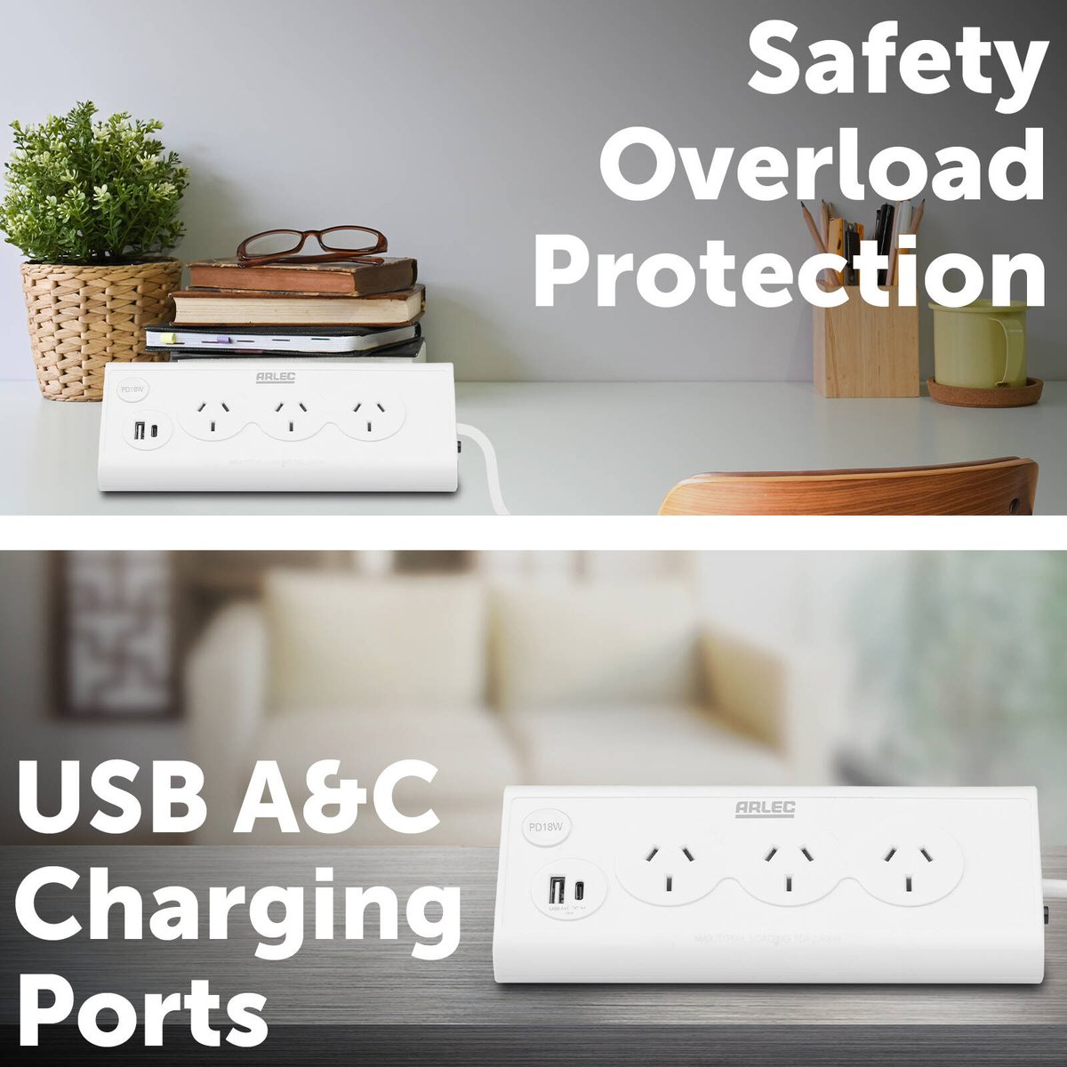 Arlec 3 Outlet Triangular Powerboard 70mm - White - Fast Charging USBs - SuperSaverAU - view 3
