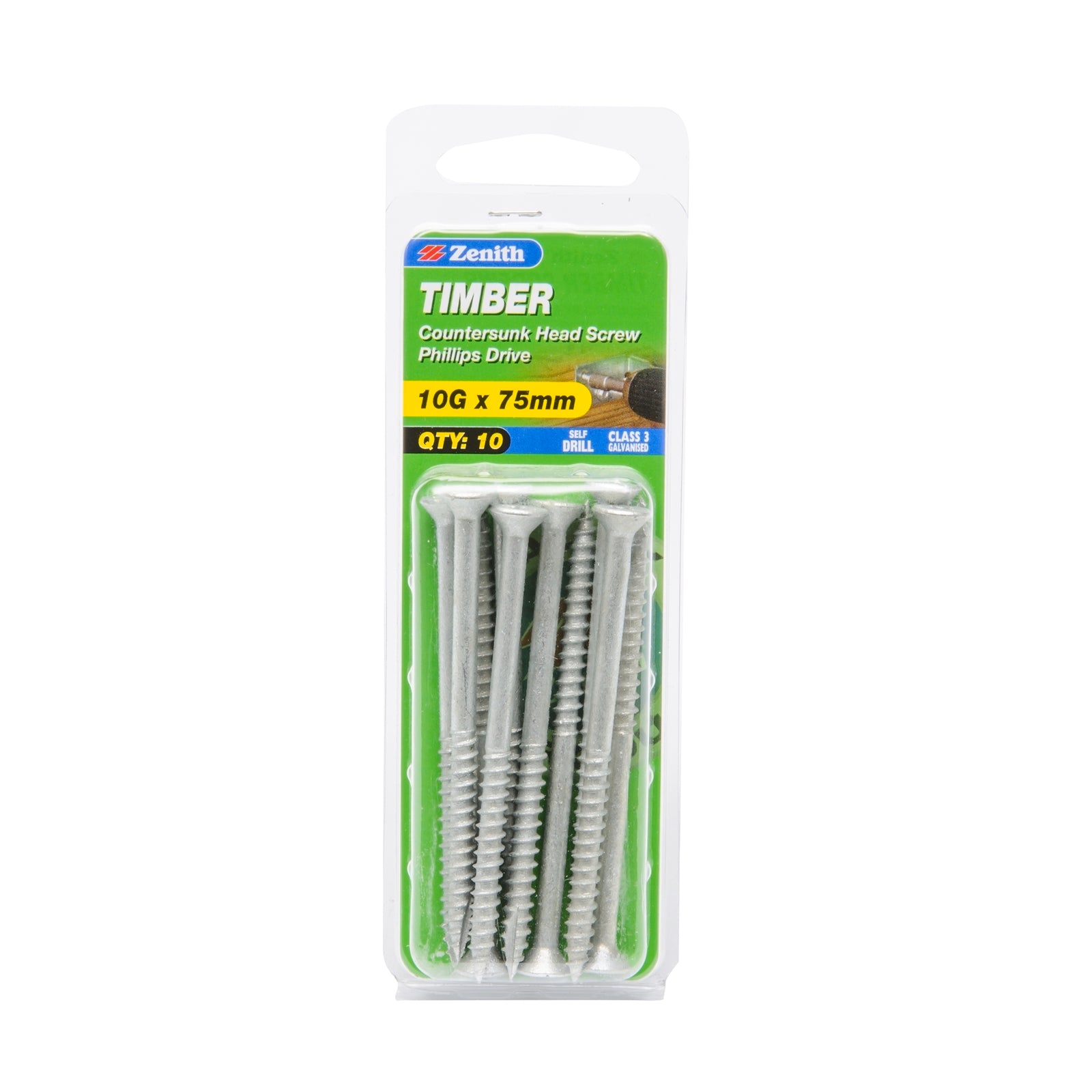 Zenith 10G x 75mm Galvanised Type 17 Countersunk Timber Screws - 10 Pack