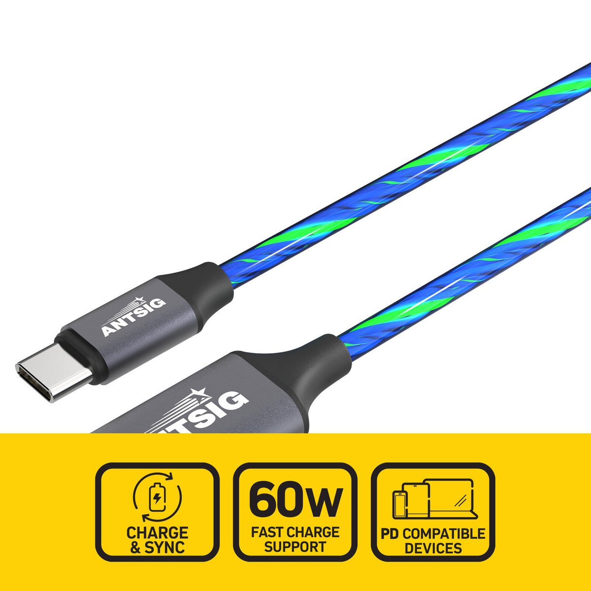 Antsig 1m USB-C to USB-C Light-Up Charging Cable - Blue, AP203