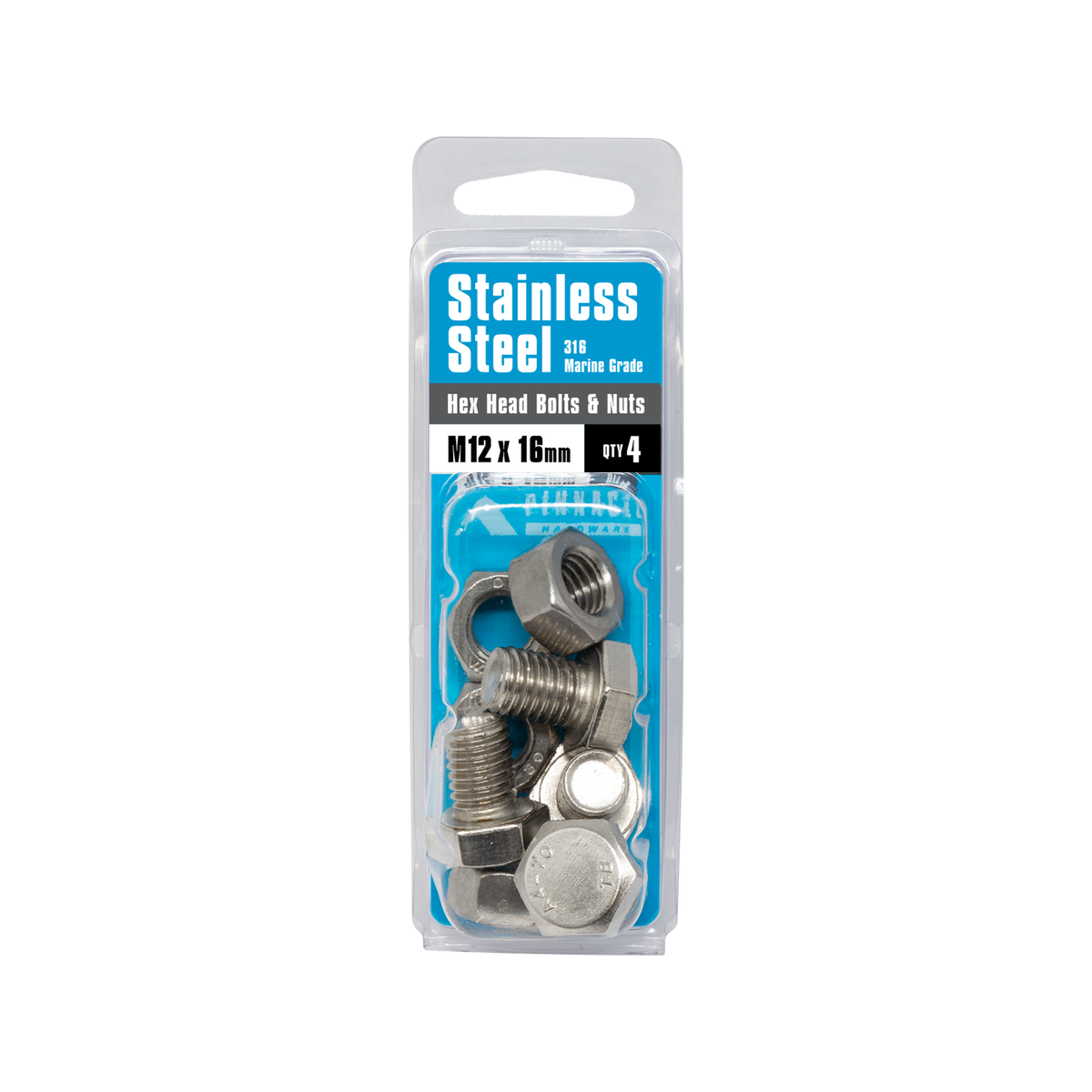 Pinnacle M12 x 16mm 316 Stainless Steel Hex Head Bolts and Nuts - 4 Pack