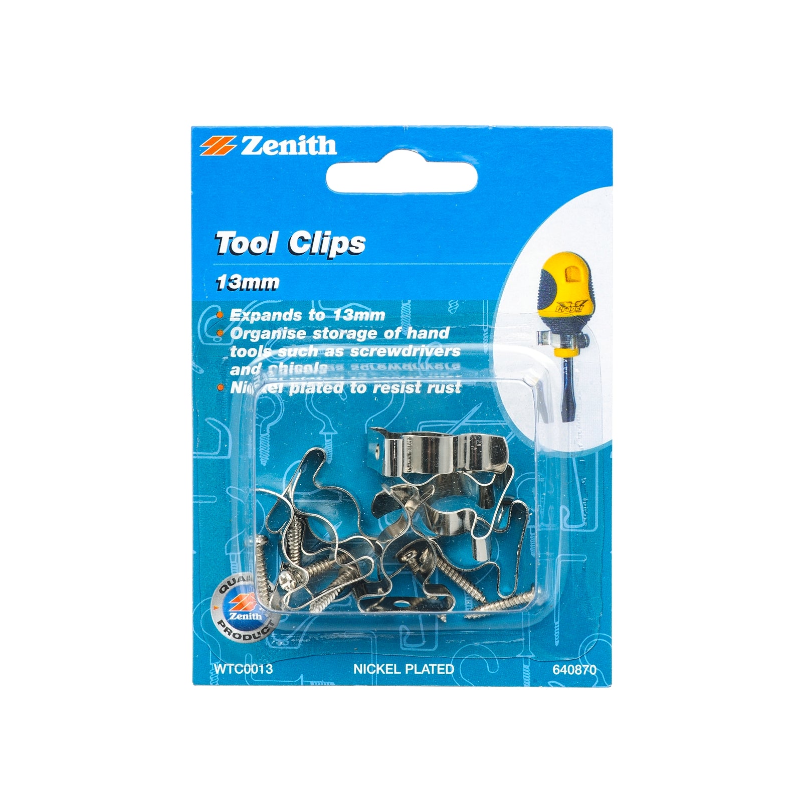 Zenith 13mm Nickel-Plated Steel Tool Clips, 7 Pack, Wall Storage