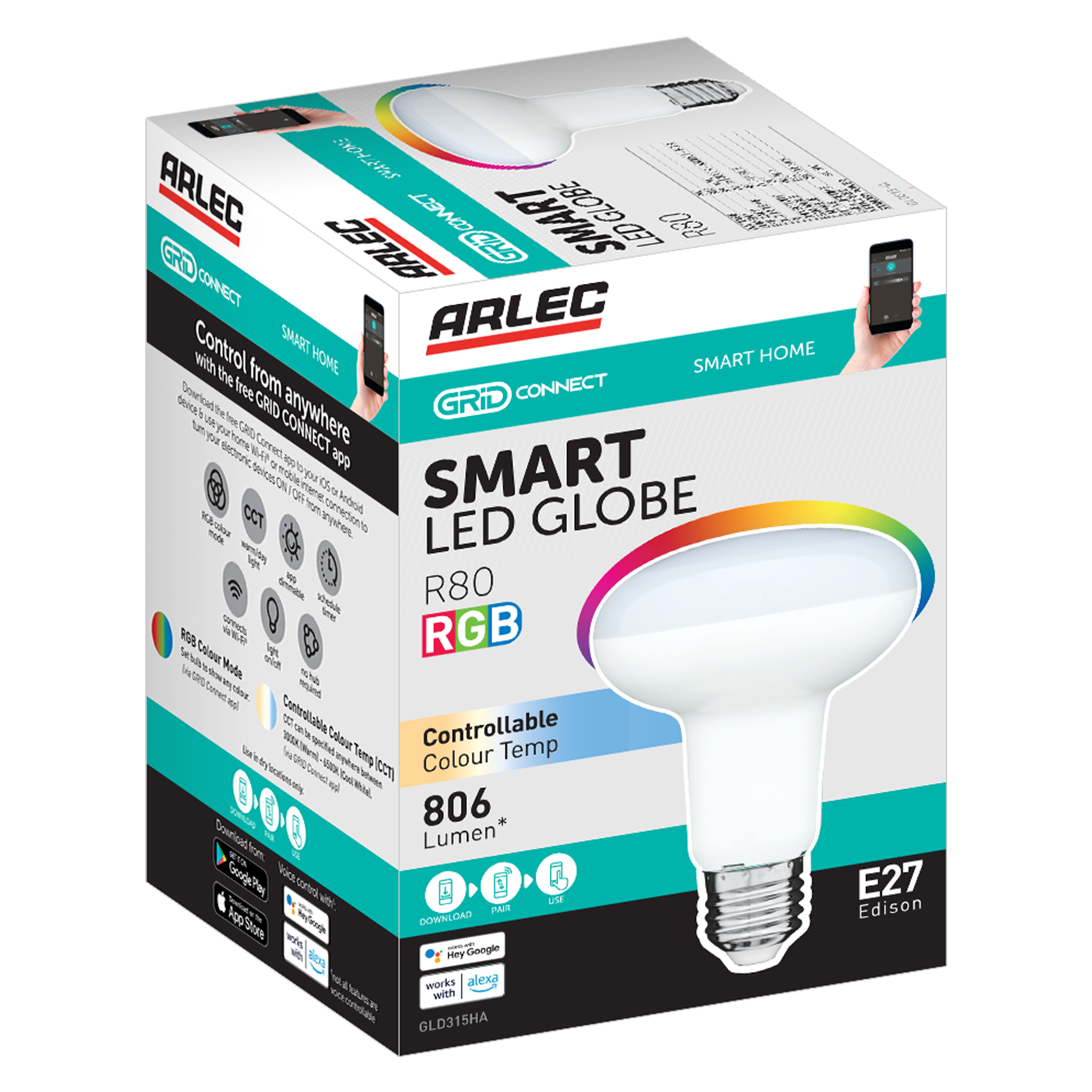 Arlec Grid Connect Smart R80 LED 9W 806lm CCT Globe E27 GLD315HA