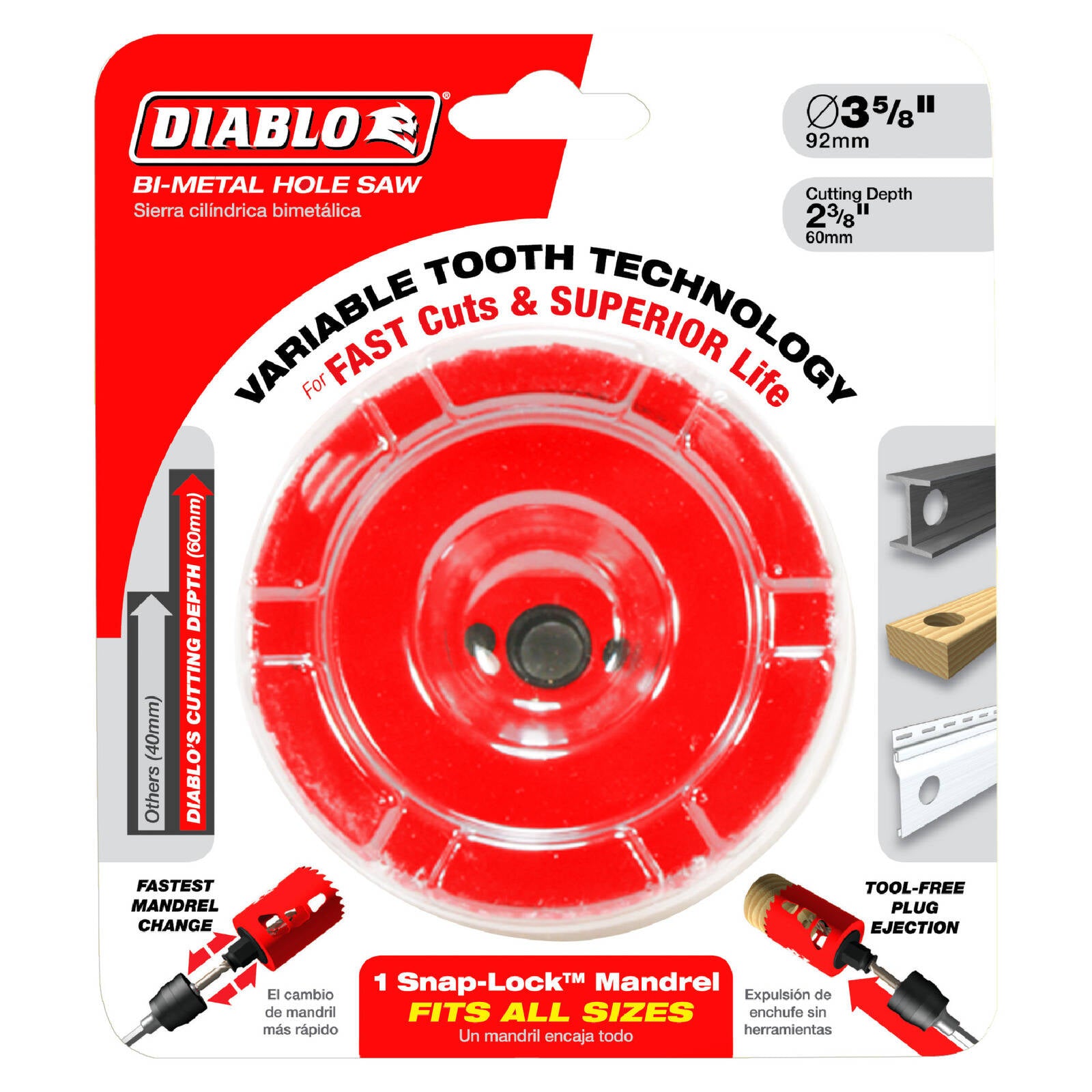 Diablo 92mm Bi-Metal Hole Saw, 60mm Depth, Wood Steel Plastics