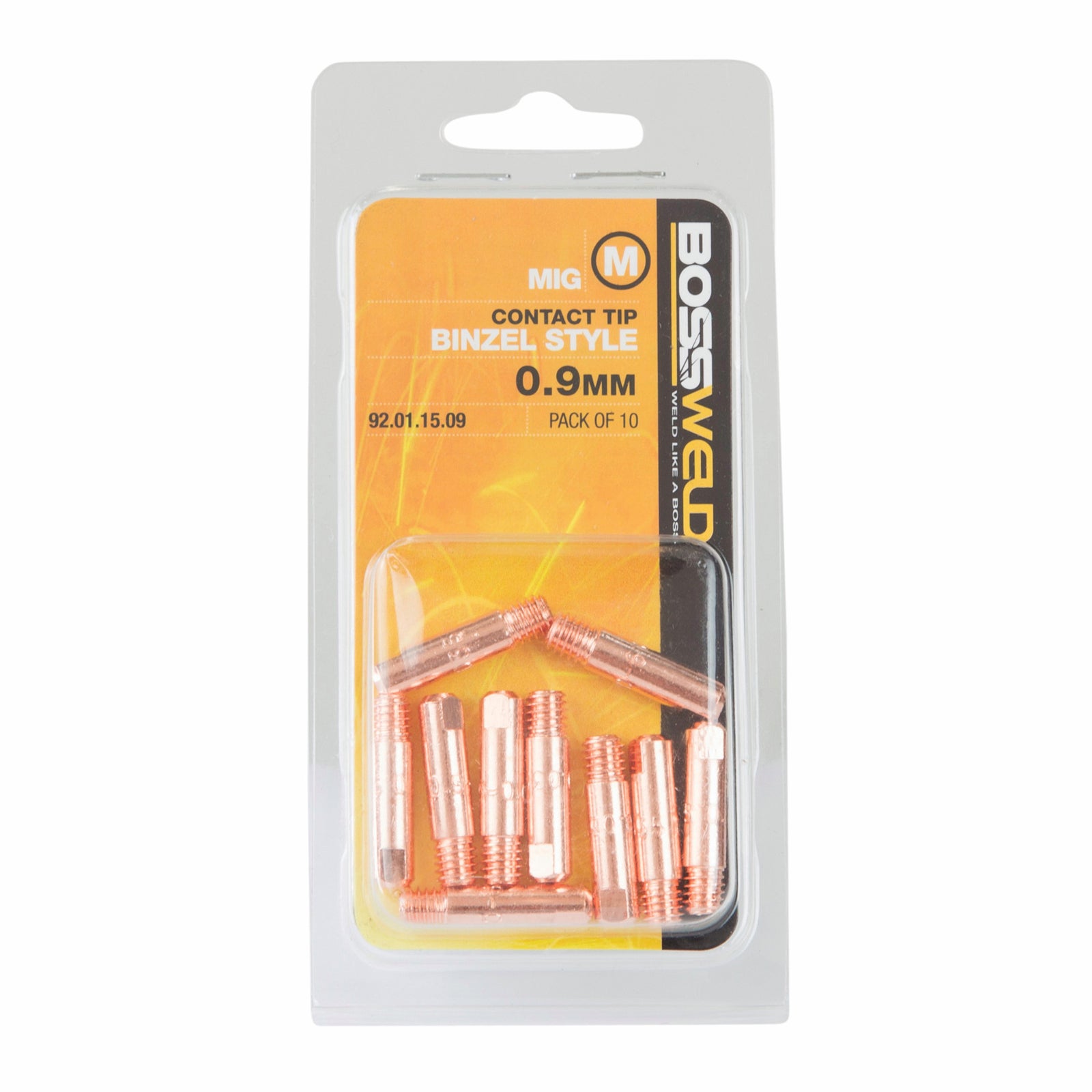 Bossweld 0.9mm M6 Contact Tip Binzel Style 25mm Long 10 Pack