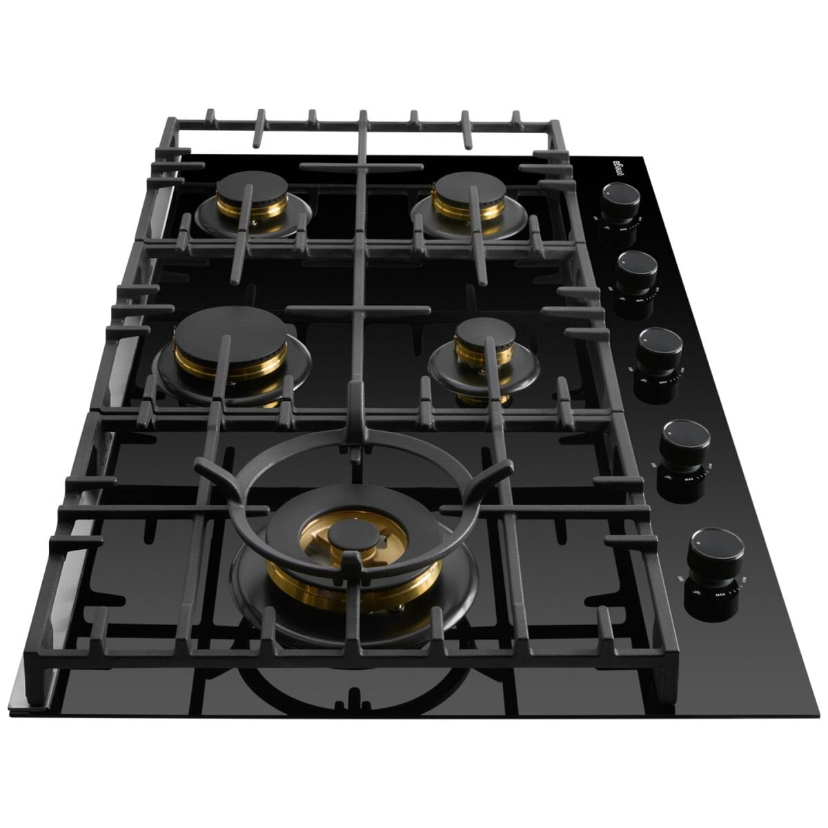 Omega 90cm Natural Gas Cooktop - Black Ceramic Glass, Five Burners, Wok Burner, Brass Burners - OCGG905WB