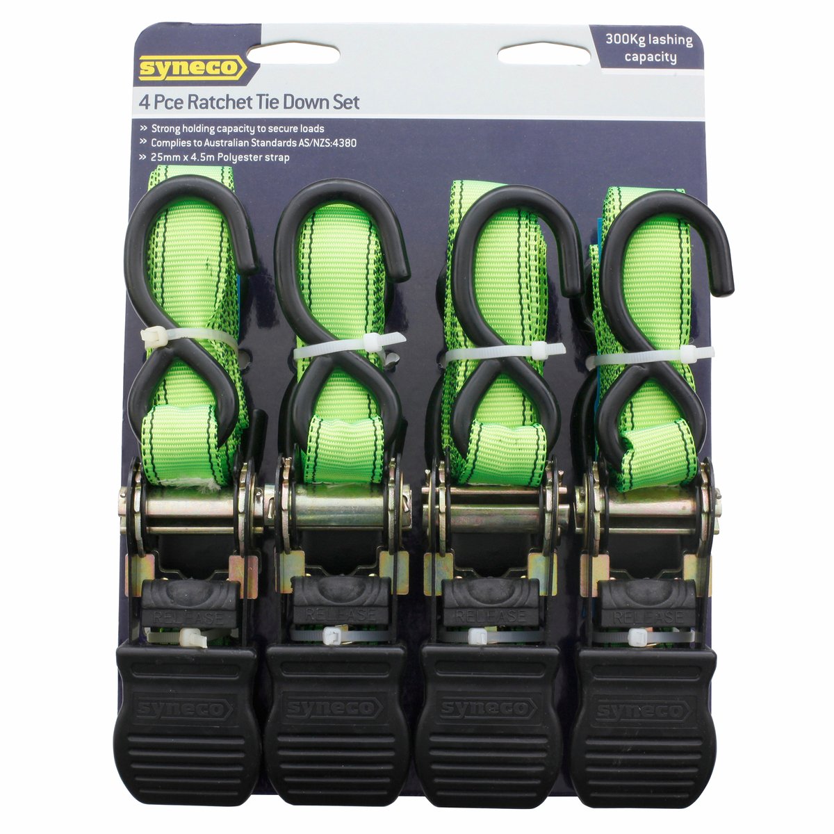 Syneco 25mm x 4.5m Ratchet Tie Down Set with S-Hooks, Polyester, 4 Pack (Green or Orange)
