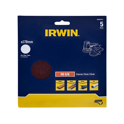 Irwin 178mm 40 Grit No-Hole Quick Fit Random Orbital Sanding Discs - 5 Pack
