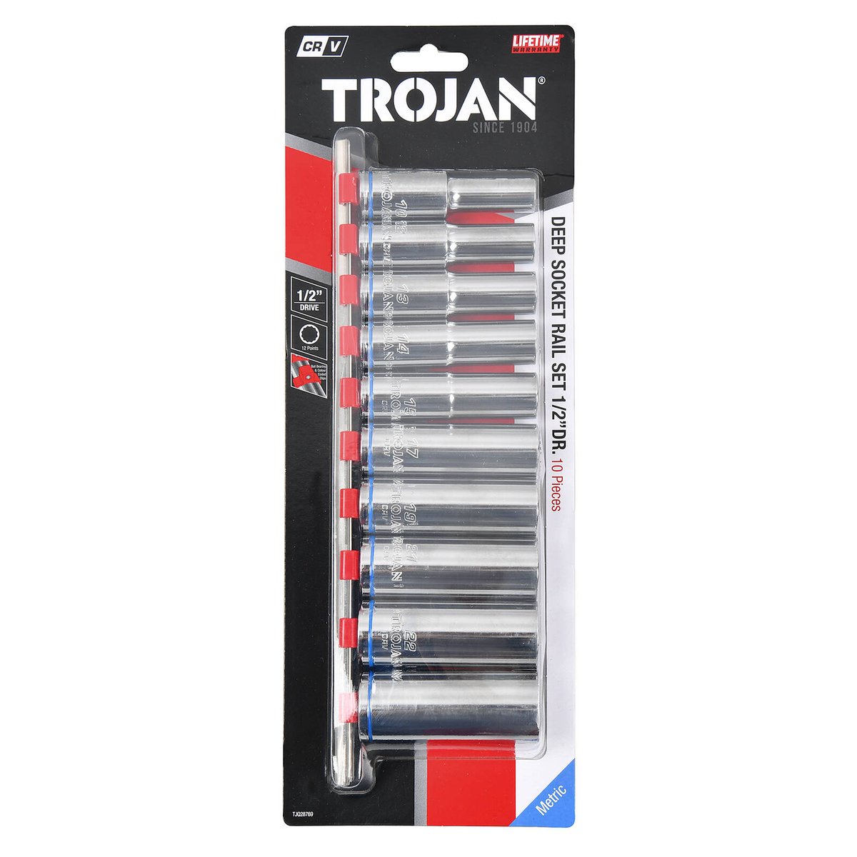 Trojan 10 Piece 1/2" Drive Deep Socket Rail Set 10mm-24mm, Chrome Vanadium