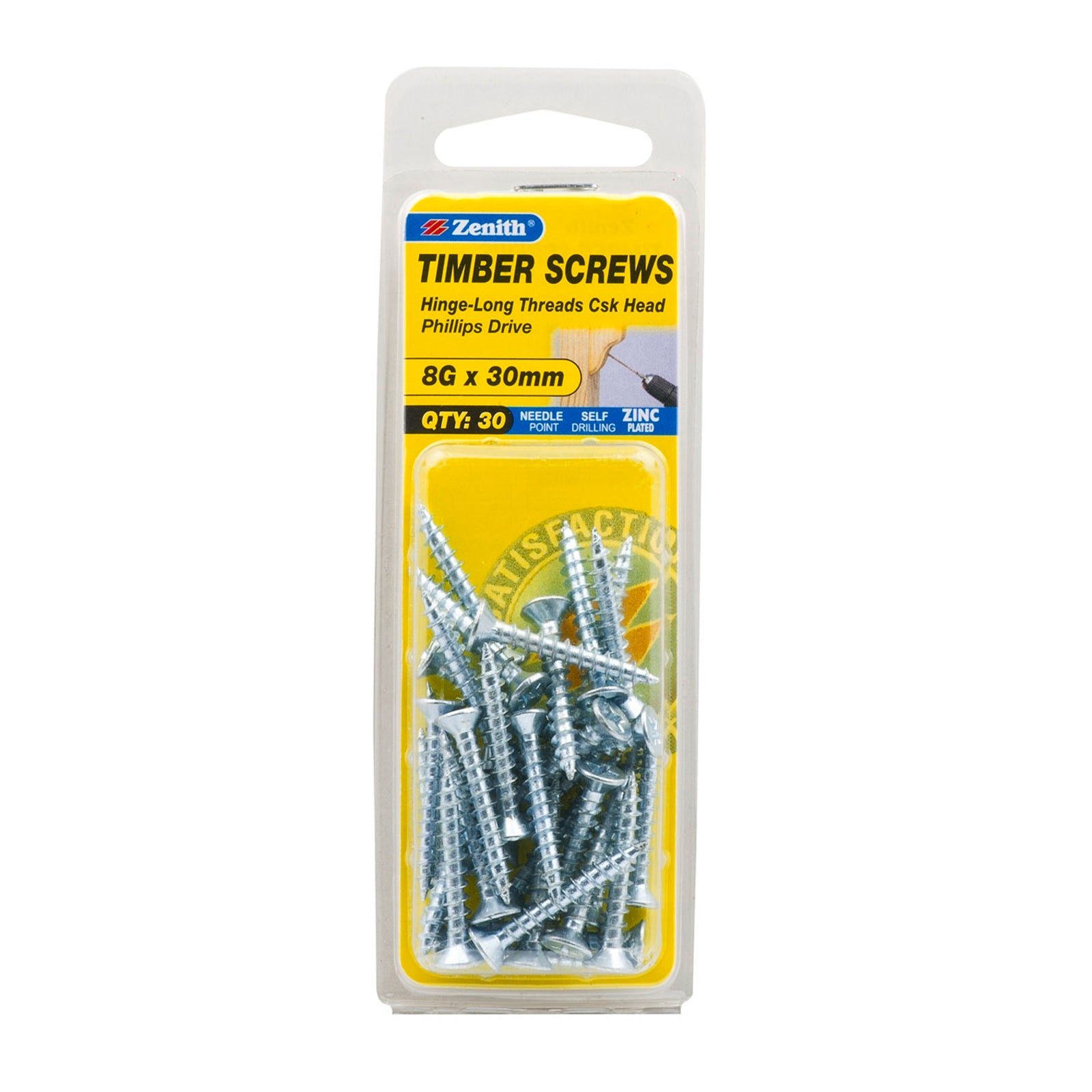 Zenith 8G x 30mm Zinc Plated Countersunk Hinge-Long Thread Timber Screws - 30 Pack
