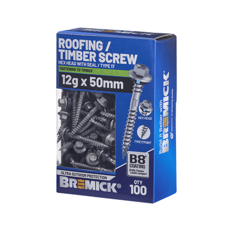 Bremick 12g x 50mm Hex Roofing Screw, Carbon Steel B8 Coating, Sealed Head Type 17 Point - 100 Box