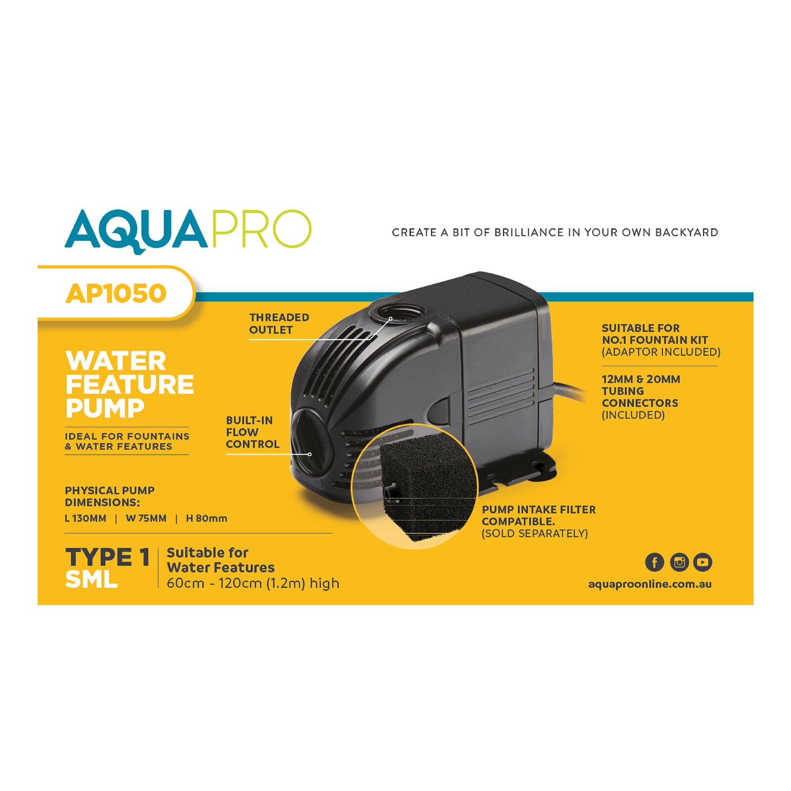 Aquapro AP1050 Water Feature Pump 24W Submersible Indoor & Outdoor, Adjustable Flow