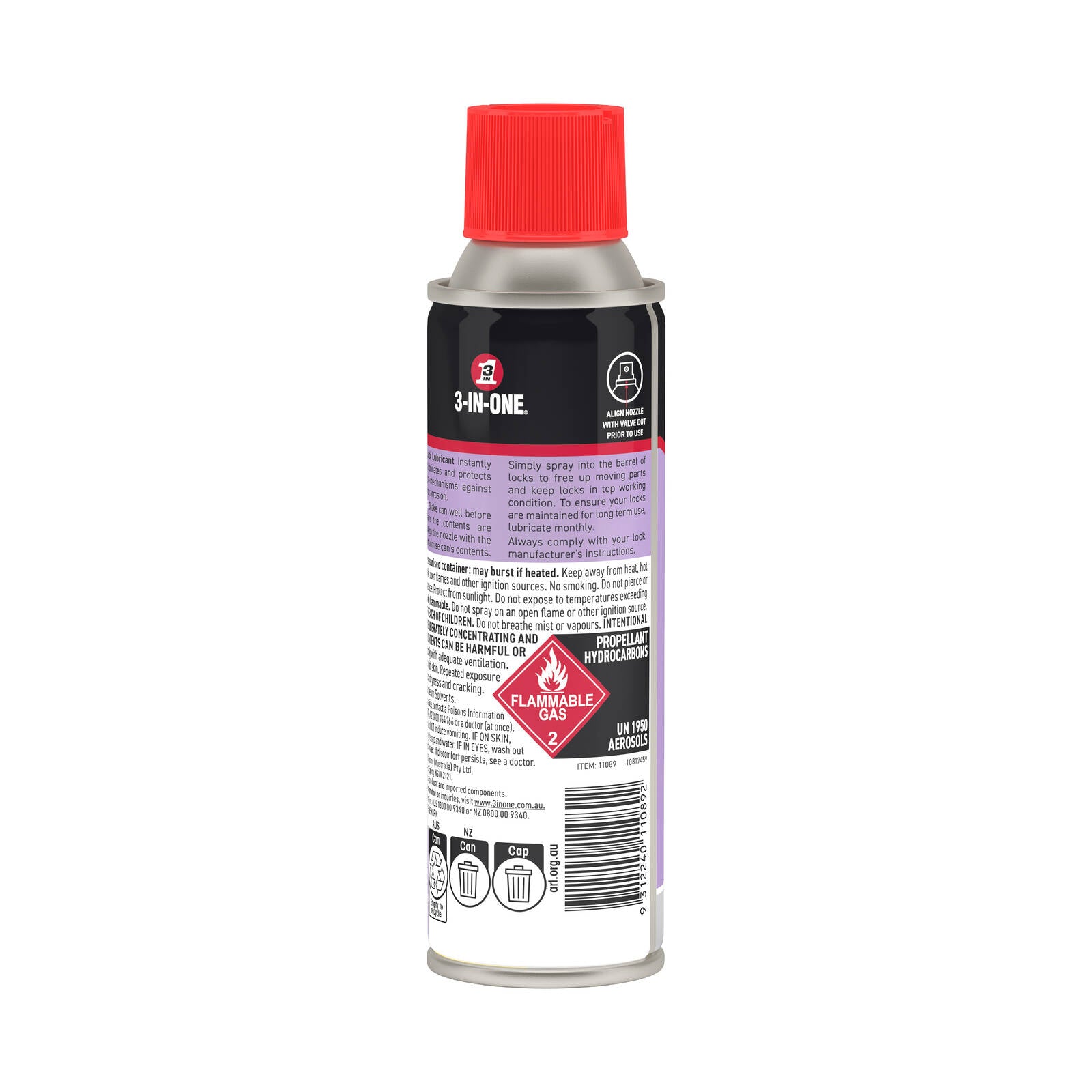 3-In-One 150g Lock Lubricant Aerosol, Cleans Lubricates Protects