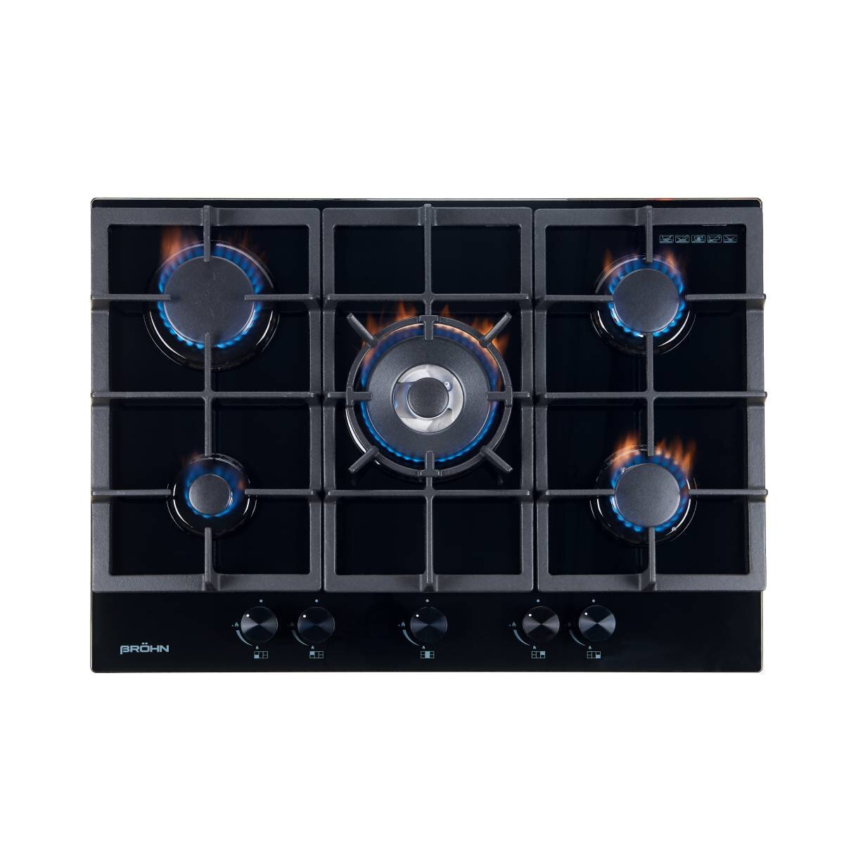 Brohn 70cm Natural Gas Cooktop - Black Tempered Glass, Five Burners, Triple Crown Wok Burner - BRG7000BLK