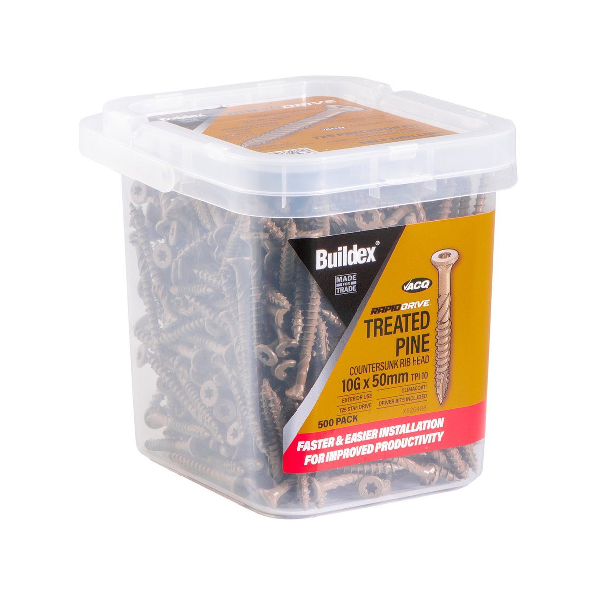 Buildex 10g x 50mm RapidDrive Treated Pine Climacoat Screws - Box of 500