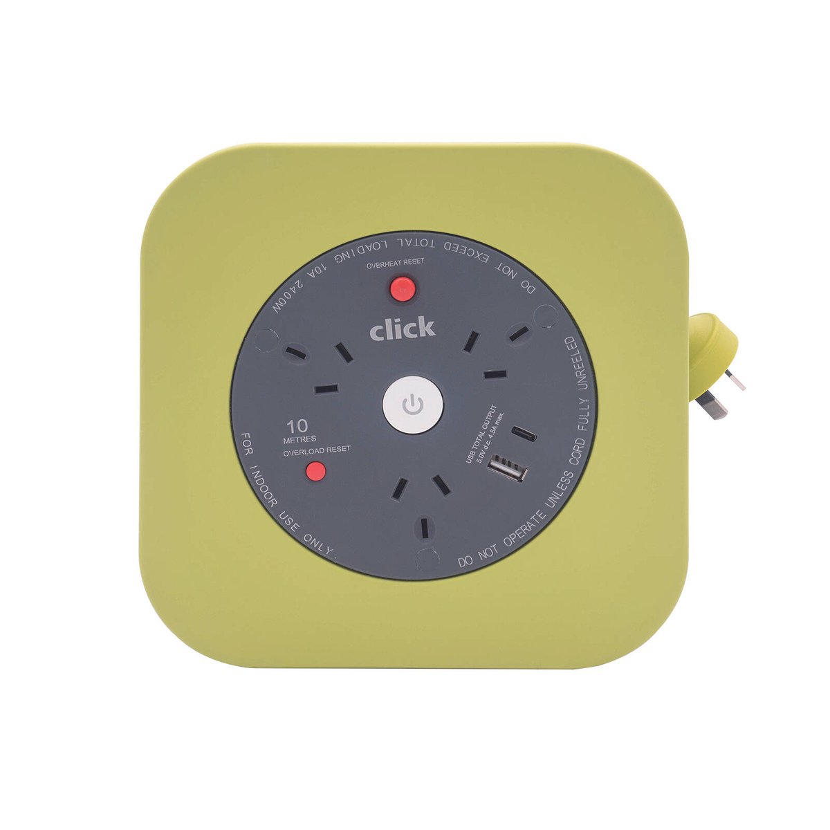 Click 10m 3 Outlet Cable Reel with USB Charger - Green - Overload Protection - SuperSaverAU - view 2