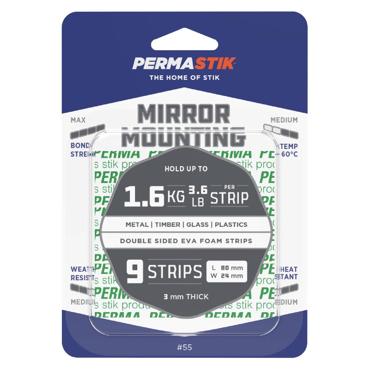 Permastik 80 x 24mm White Foam Mirror Mounting Strips - 9 Pack