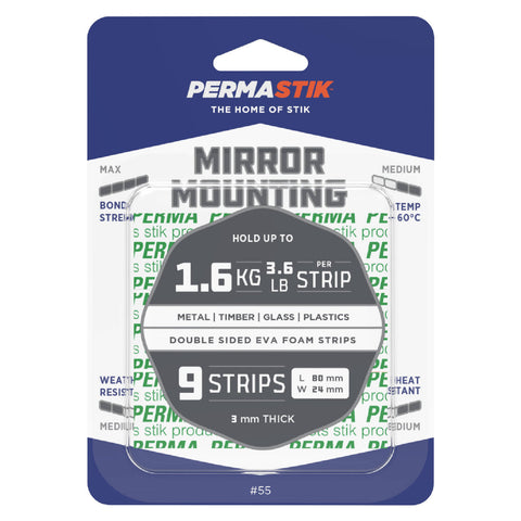 Permastik 80 x 24mm White Foam Mirror Mounting Strips - 9 Pack