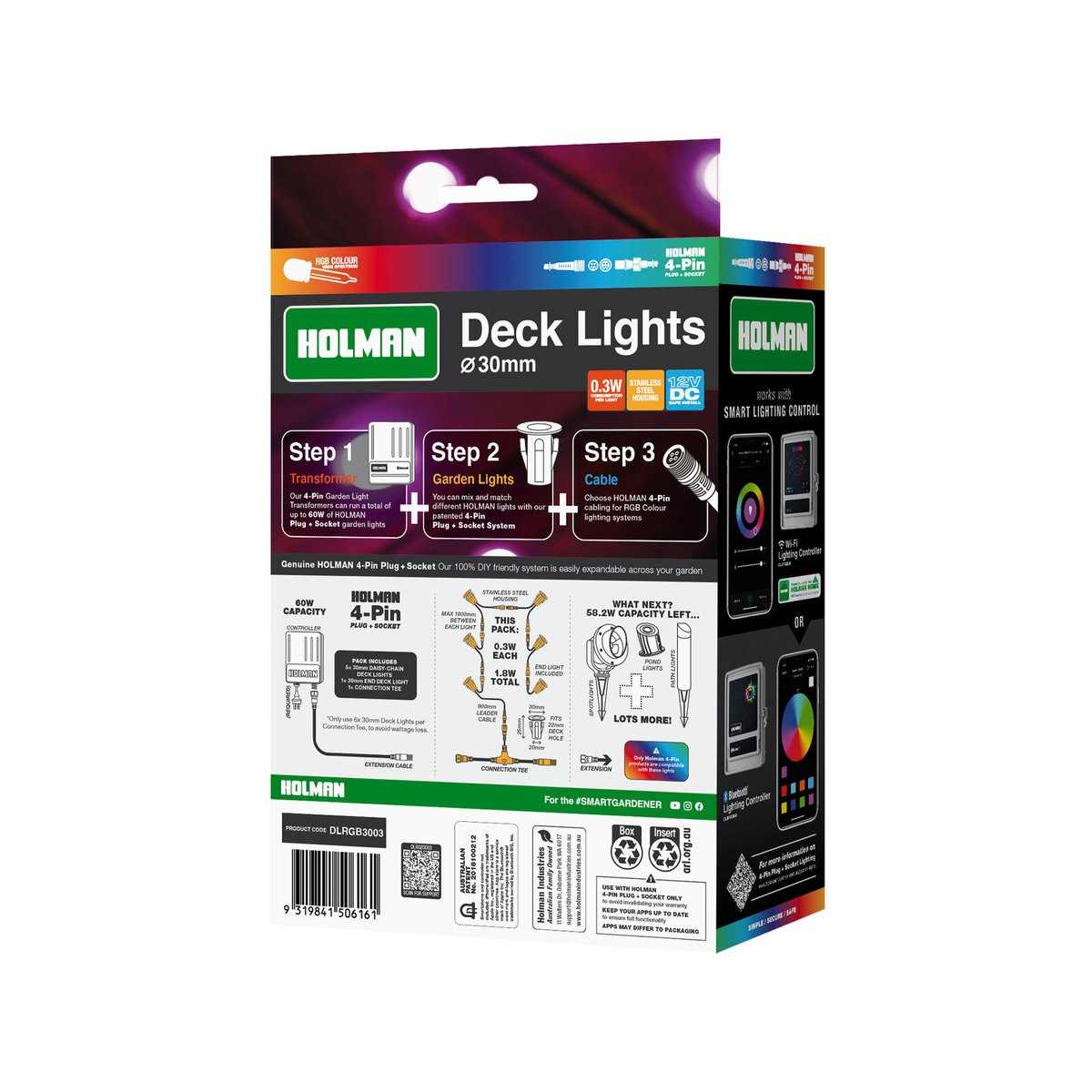 Holman 30mm RGB Colour Deck Light 6 Pack 12V 1.8W Waterproof DLRGB3003