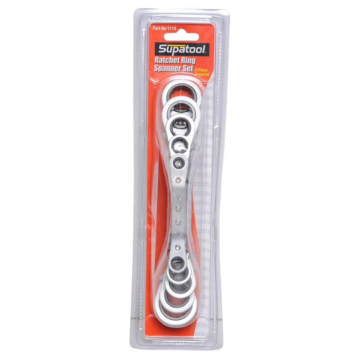 Supatool 5 Piece Imperial Ratchet Ring Spanner Set, Carbon Steel, 12 Point, 170mm