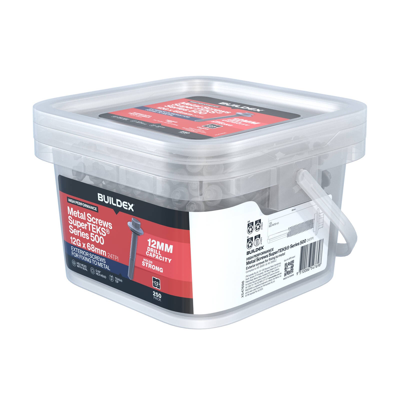 Buildex 12G x 68mm Class 3 Galvanised SuperTEKS Hex Head Self-Drilling Screws, 250 Pack