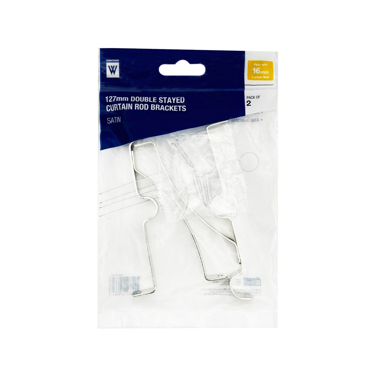 Windoware 127mm Satin Double Stayed Curtain Rod Bracket, 2 Pack