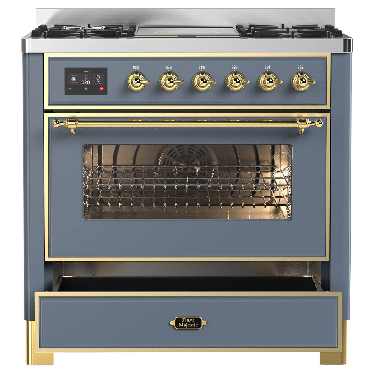 ILVE Majestic 90cm Freestanding Dual Fuel Oven - Touch Display, 16 Functions, Blue Grey Brass - M09IDNE3-BGG