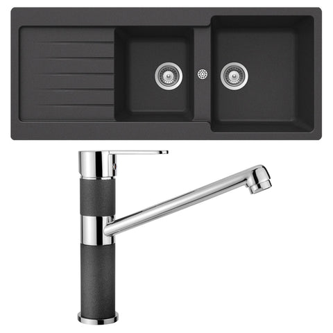 Abey 1 and 3/4 bowl topmount sink pack with left hand drainer and 4 star mixer - Onyx black - TD200TB