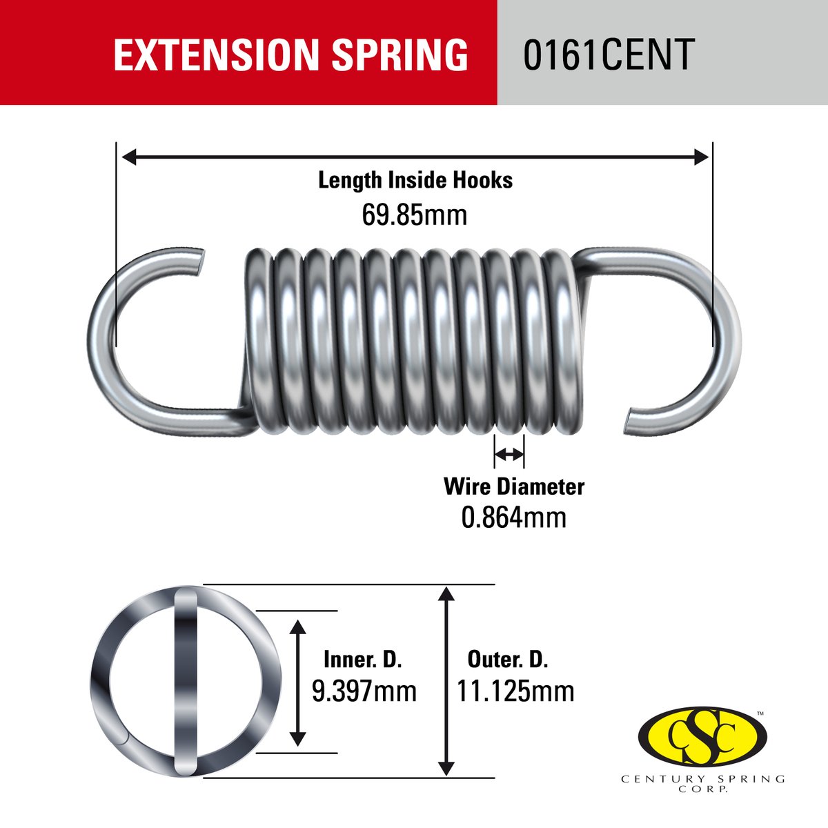 Century Spring Corp Steel Extension Spring 11 x 69.9 x 0.9mm - 2 Pack