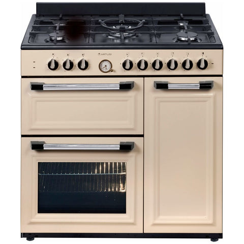 Artusi 90cm Dual Fuel Freestanding Oven in Cream - 5 Gas Burners, Two Ovens, Separate Grill - AFGR935CR