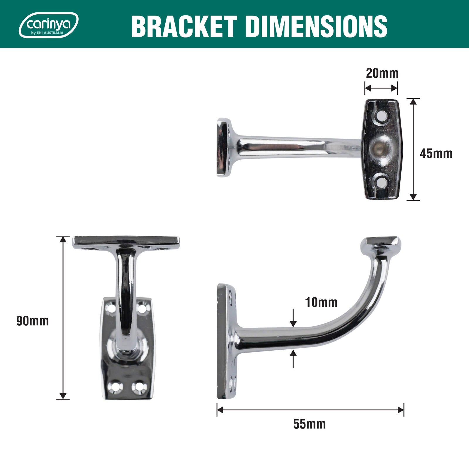 Carinya 46 x 55mm Chrome Plated Steel Flat Top Curved Handrail Bracket