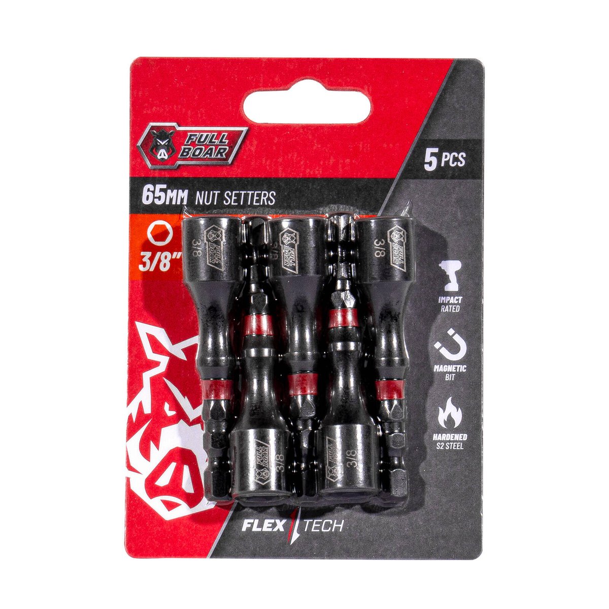 Full Boar 3/8" x 65mm Magnetic Impact Nut Setters S2 Steel 5 Pack FNS-3865
