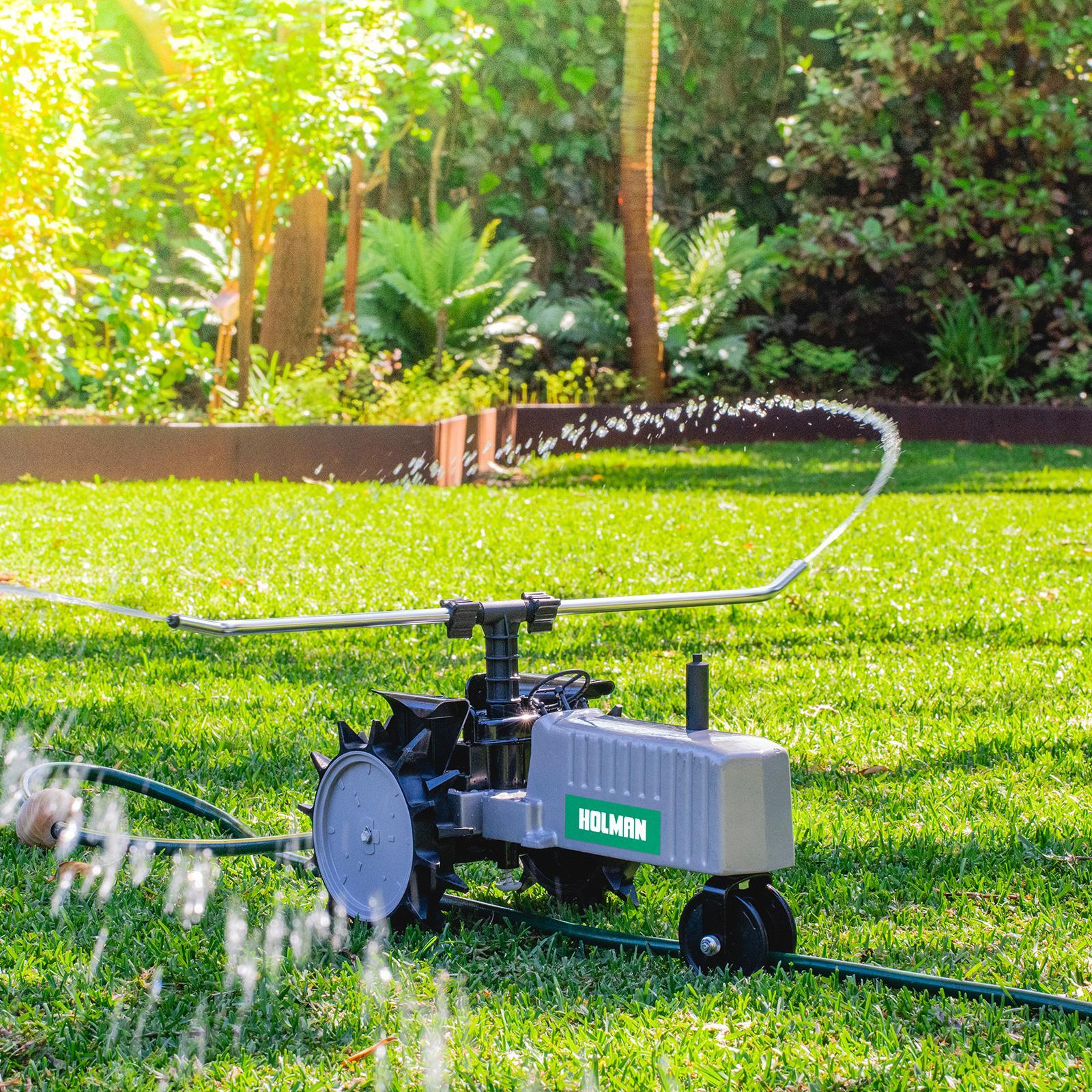 Holman Solid Metal Travelling Sprinkler - 1100m2 Coverage, 12mm & 18mm Fittings