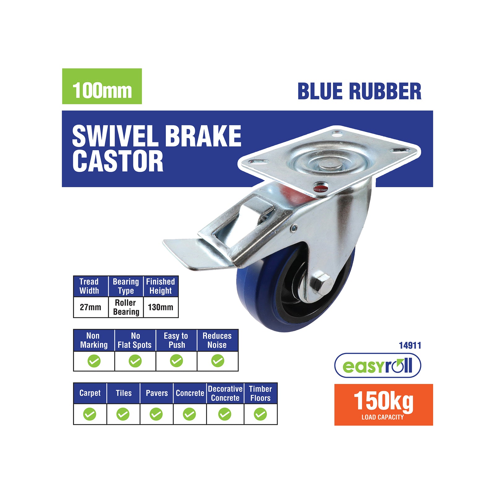 Easyroll 100mm Blue Rubber Swivel Brake Castor 150kg Load Indoor Outdoor