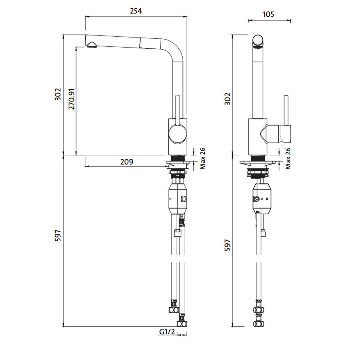 Abey Lucia Side Lever Pull Out Mixer Tap - Brushed Nickel, 4 Star Water Rating - 3K6-BN-LF