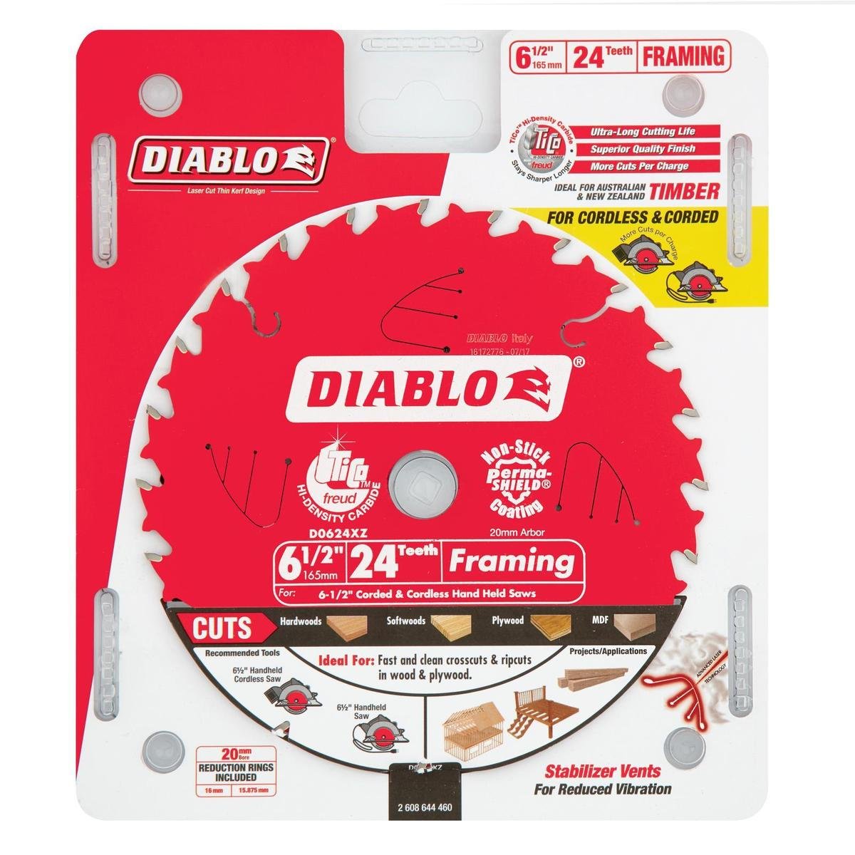 Diablo 165mm 24T General Purpose Circular Saw Blade - 20mm Arbor for Cordless Saws