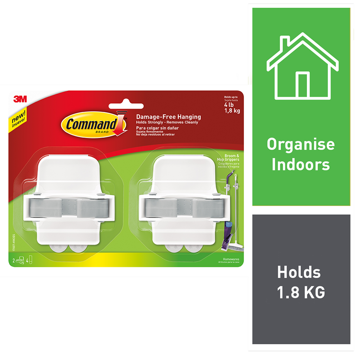 Command 1.8kg Broom Gripper - 2 Pack, Damage-Free